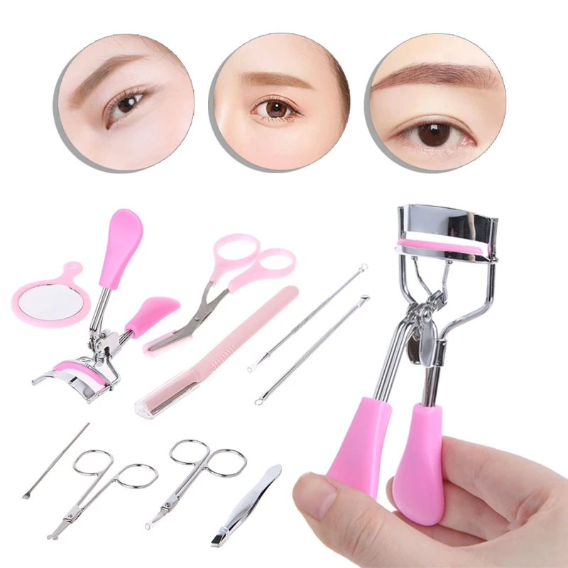 10pcs/set Eyebrow Tools Kit Tweezers Scissors Razor Eyelash Curler Makeup Tool | Красота и здоровье