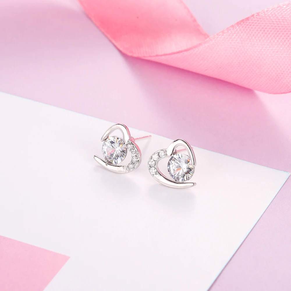 HIYONG Cute Love Heart Stud Earrings With Bright Crystal Korean Earring With Silver Color Cubic Zirconia Crystal Stone For Women |