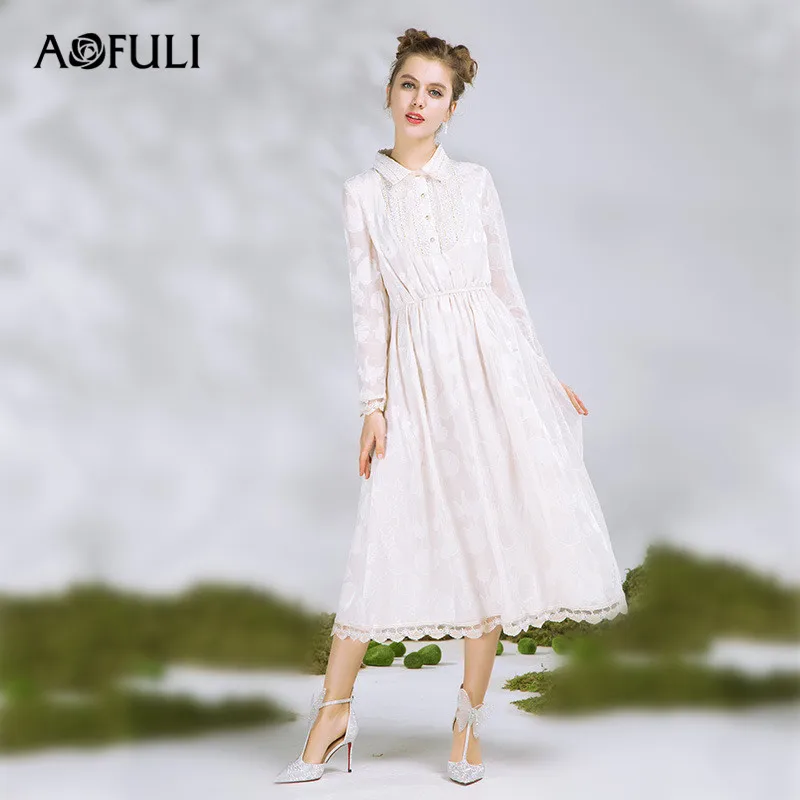 AOFULI бренд S-3xl 4xl 5xl плюс размер платье 2018 новый женский длинный рукав кнопка