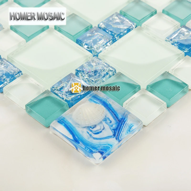 

NEW! blue color crystal glass mixed sea shell mosaic HMGM2081 for kitchen backsplash tile bathroom shower hallway wall mosaic