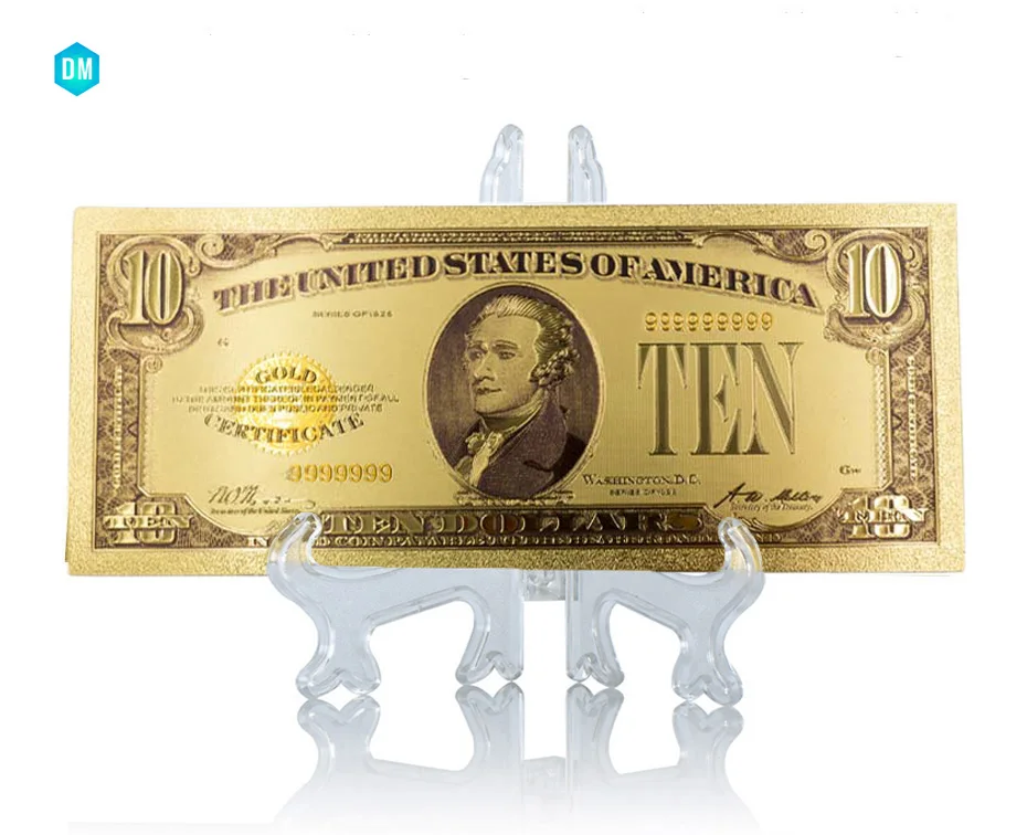 

1928 Year USA 10 Dollars 24k Gold Foil Banknote Souvenir Bills Gold Plated Fake Money Collectible Gold Banknotes with Stand