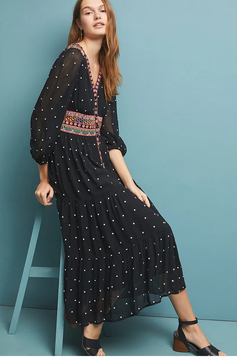 TEELYNN boho платье винтажные шифоновые платья в горошек с цветочной вышивкой и v-образным вырезом летнее платье свободные хиппи женские платья