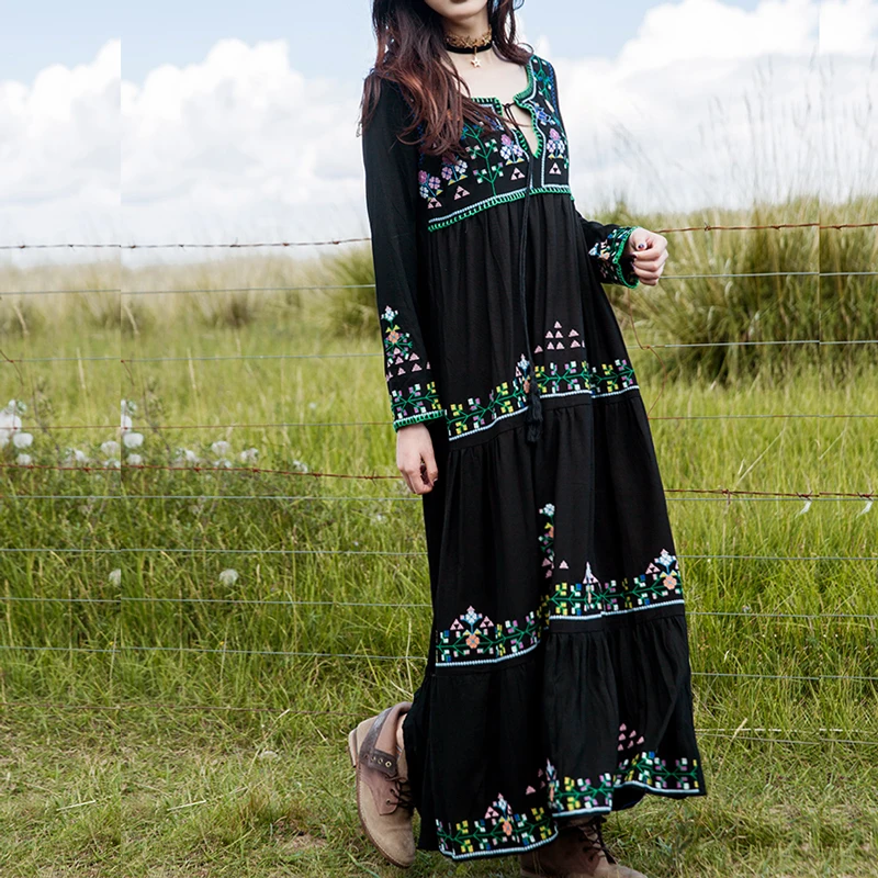 BOHO вдохновленный черный зимнее платье цветочной вышивкой женские макси платья