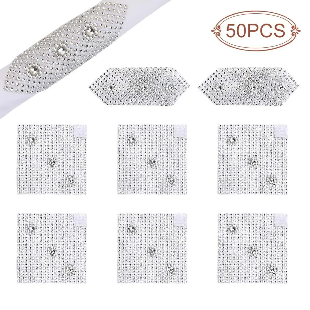 Silver OurWarm 50 шт. Свадебные полиэфирные салфетки Настольный Декор кольца для салфеток со стразами держатель атласный носовой платок для свадебного банкета, вечеринки - Цвет: Silver