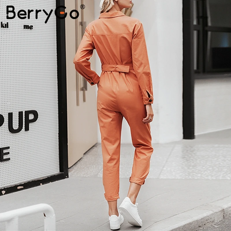 BerryGo повседневные карго хлопковые Оранжевые Комбинезоны Женский пояс карман