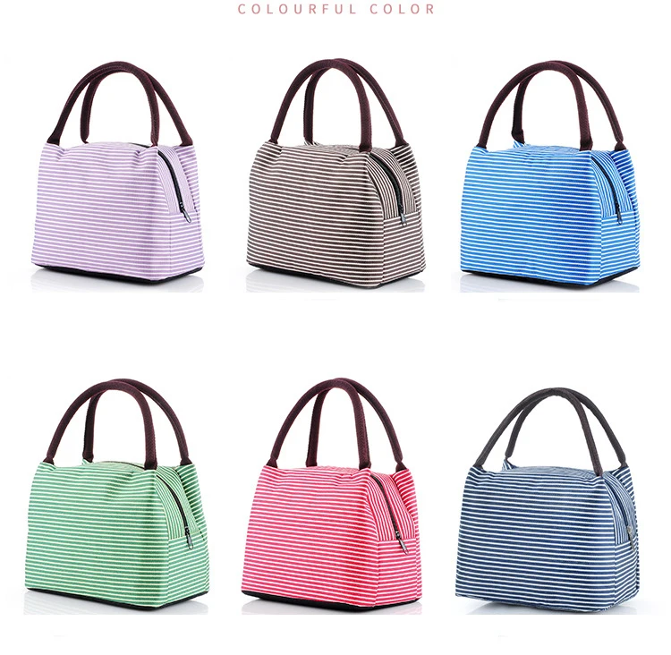 Waterproof Canvas Insulated Lunch Bag Aluminum Foil Stripe Handbags Food Storage Cooler Ice Bag Unisex Portable Lunch Box Tote