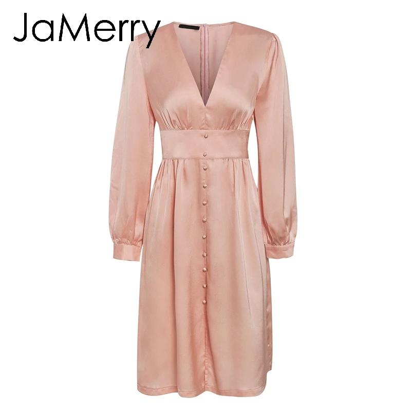JaMerry, винтажное, сексуальное, атласное, женское, миди платье, с длинным рукавом, на пуговицах, высокая талия, для девушек, для вечеринки, платье, элегантное, одноцветное, розовое, зеленое, vestidos