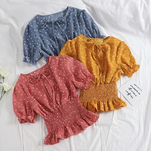 Женская шифоновая блузка в горошек, винтажная короткая облегающая блузка на завязках с высокой талией и оборками, лето 2019