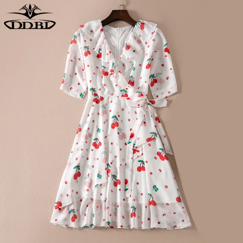 cherries print white dress designer runway high quality 2018 20180526 | Женская одежда