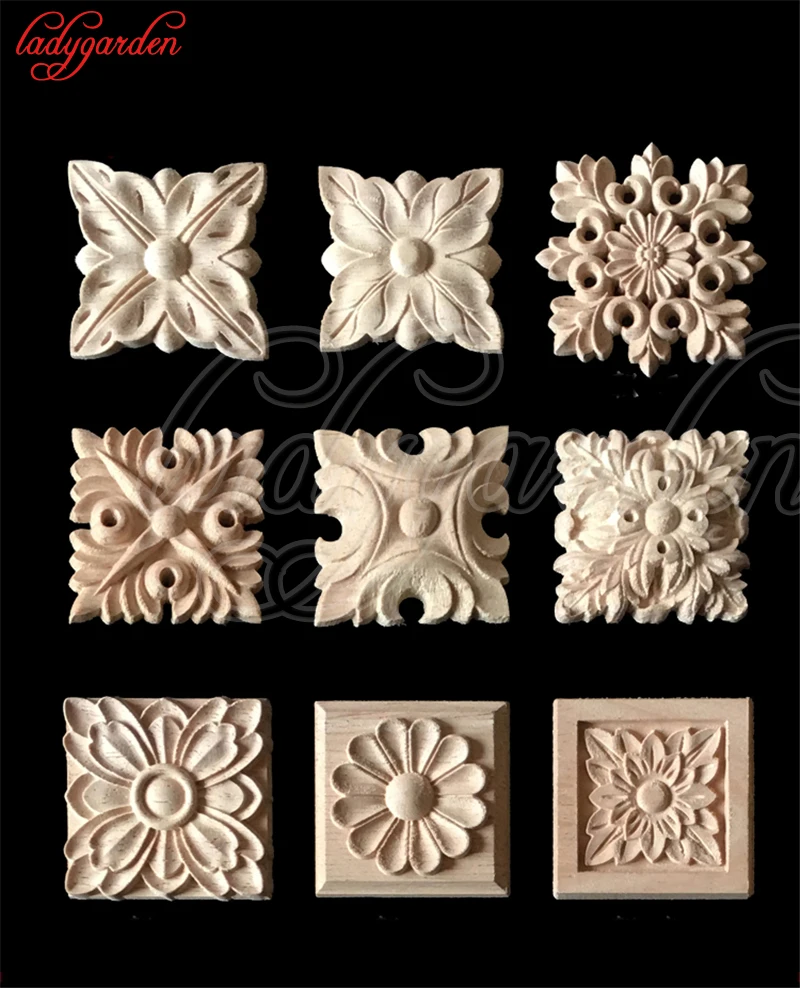 

10PCS 9CM Flower Wood Carving Natural Wood Appliques for Furniture Cabinet Unpainted Wooden Mouldings Decal Decorative Figurine