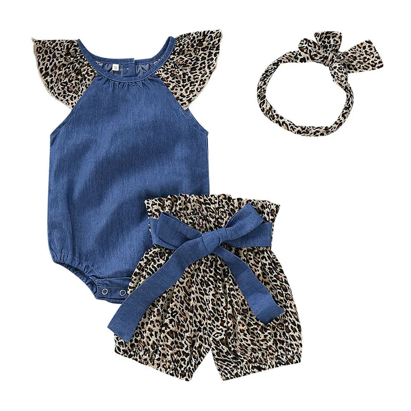 

Newborn Infant Kids Baby Girl Leopard Denim Romper Pants Headband 3PCS Outfits Jeans Fashionable Newest Leopard Print
