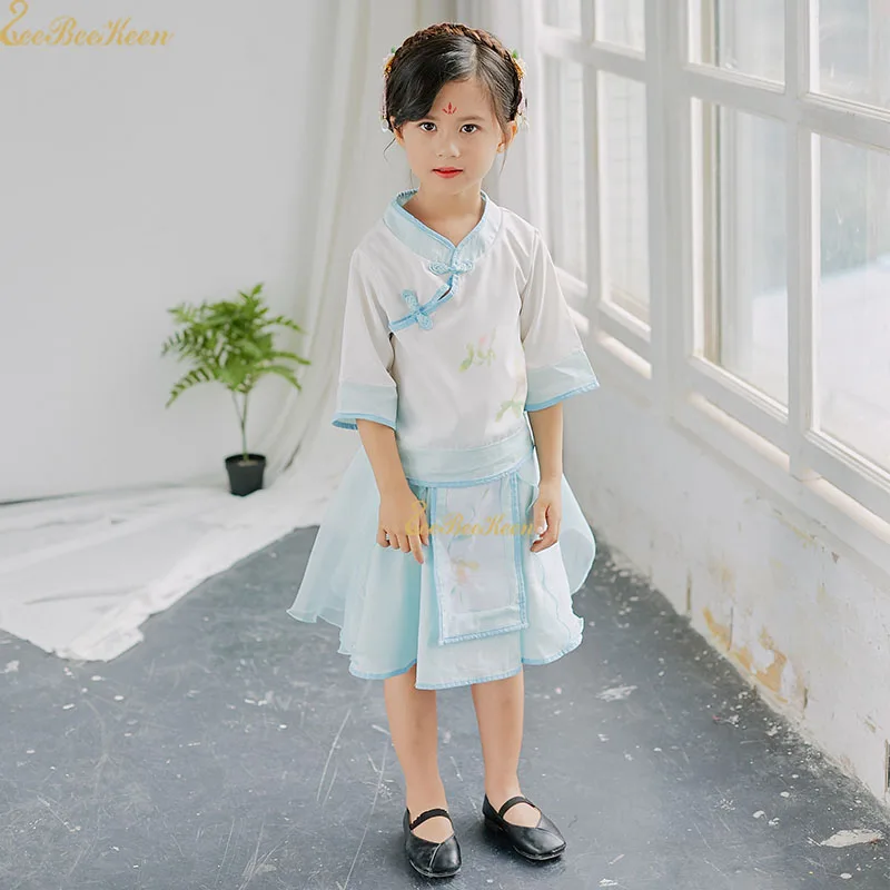 

Girls Hanfu Short Suit Print Flower Buttonhole Loop Han Chinese Clothes Halloween Cosplay Costume Lolita Short Dress For Child