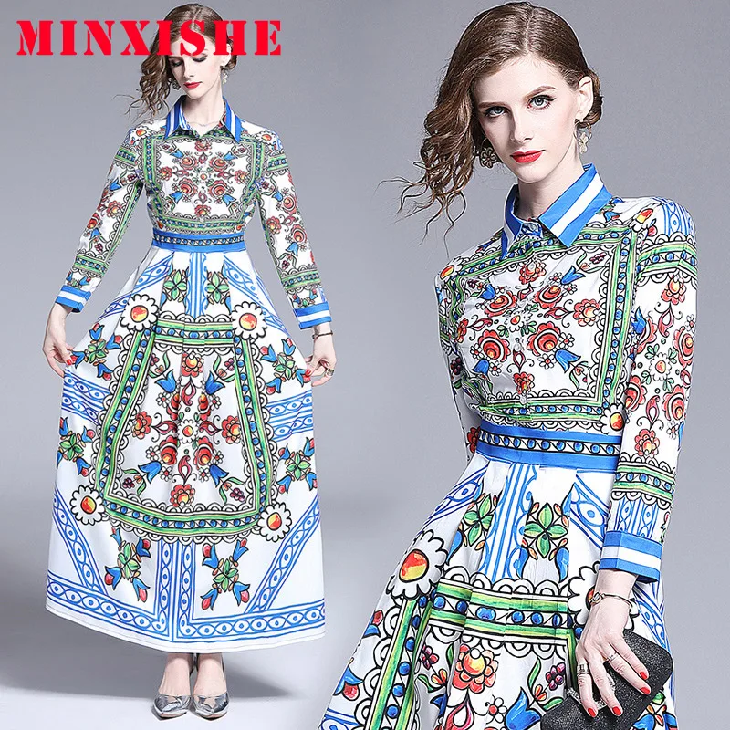 Осеннее женское платье 2019 рубашка поло винтажная повязка макси с длинным рукавом