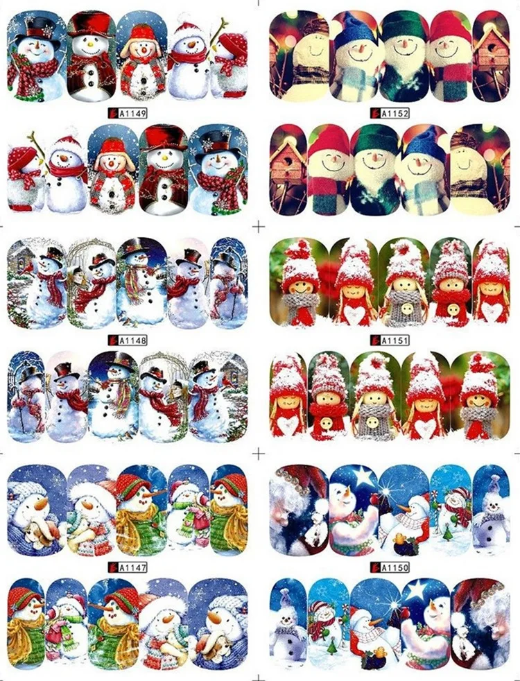 12 Sheets Christmas Mixed Decals Xmars Nail Stickers Full Wraps Santa/Tree/Snowflake Tip Decor DIY Beauty Art | Красота и здоровье