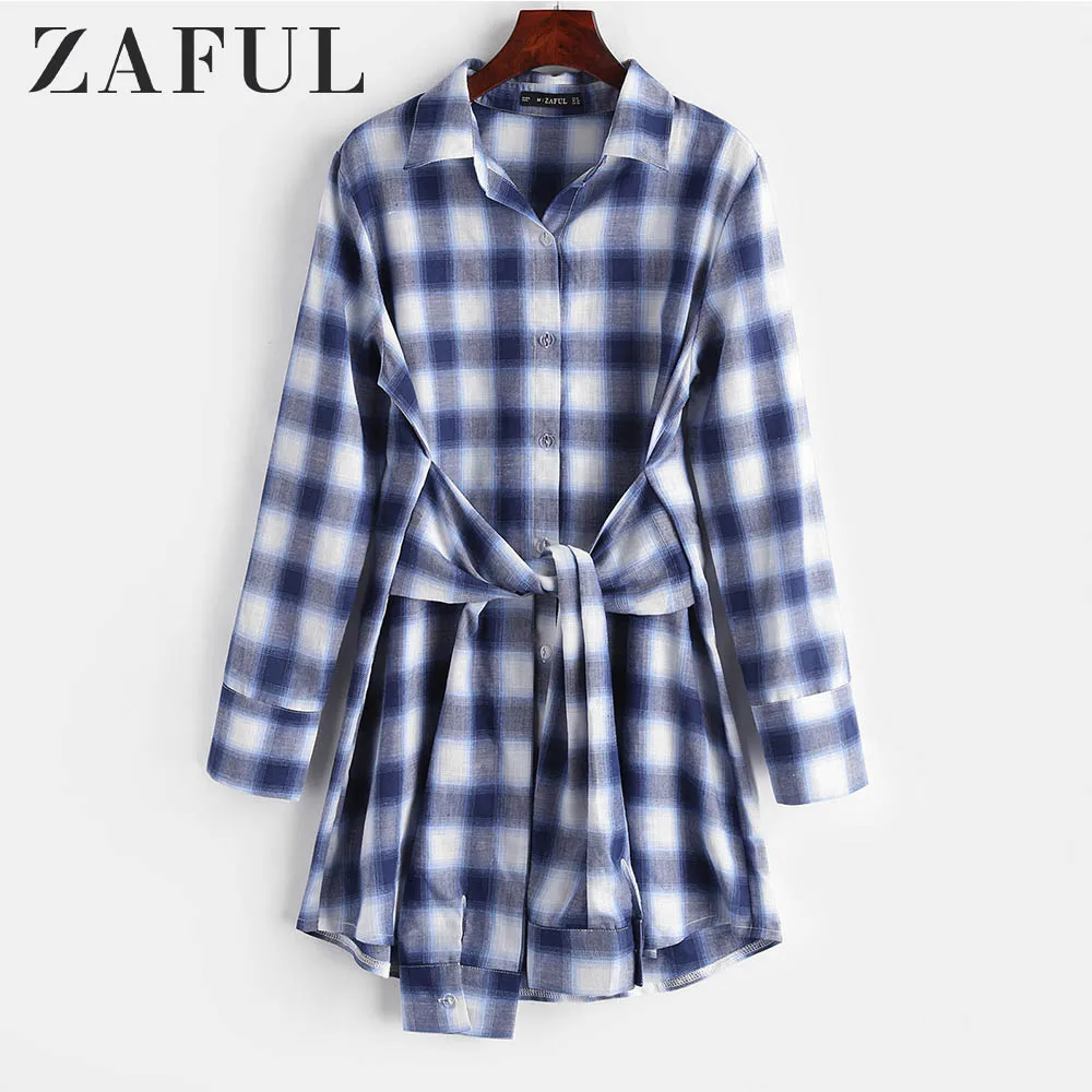 ZAFUL Пуговица Плед Узелок Рубашка Платье Хлопок Женщин Воротник Рубашки С Длинным