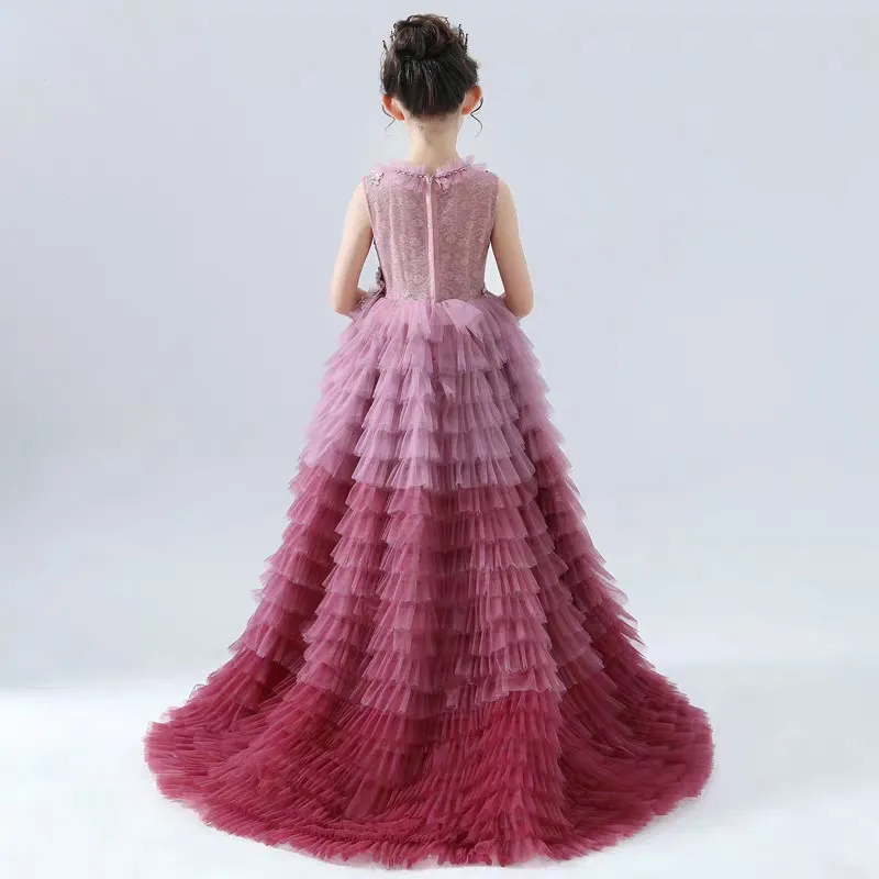 

Children Girls New Style Exquisite Birthday Wedding Party Princess Long Trailing Layers Dress Teens Kids Piano Costume Dress