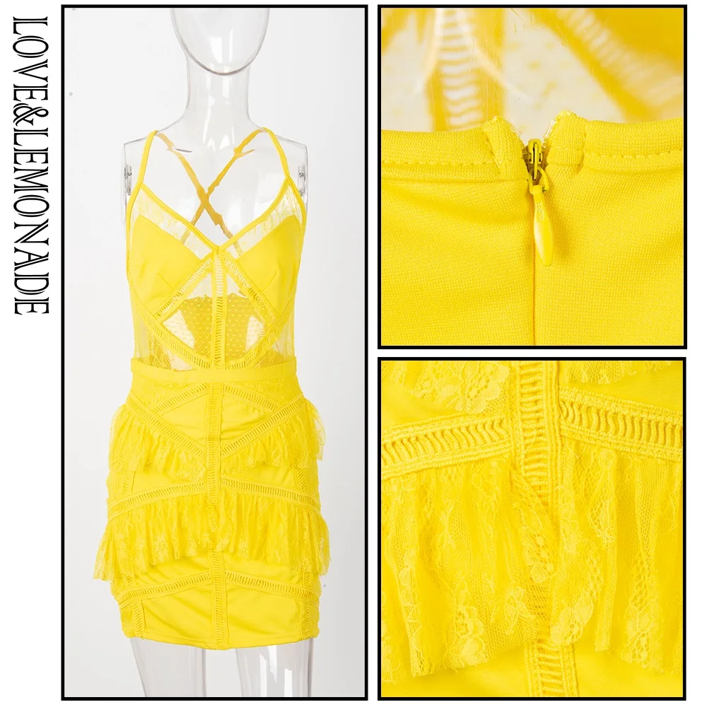 Кружевное облегающее платье LOVE & LEMONADE желтое с треугольным вырезом и