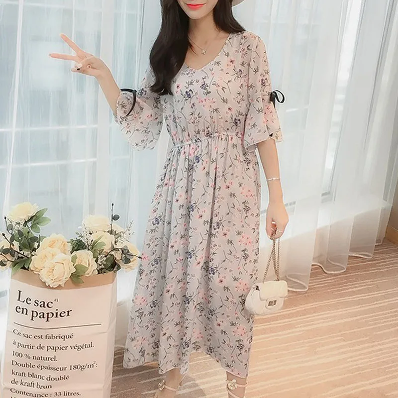 Женское шифоновое платье с цветочным принтом летнее свободное большого размера
