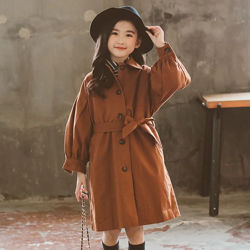 Khaki Green Long Belt Jackets For Teenage Boys Sleeve Trench Coat Kids Outerwear Top Clothing Children Jacket Baby Girl | Детская одежда