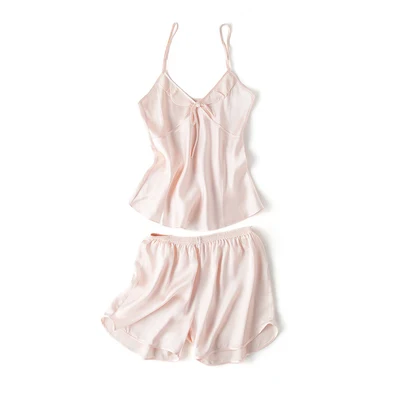 Light Pink Женские шелковые пижамные комплекты из натурального шелка, Атласный топ с бретельками и шорты, летняя новая шелковая пижама - Цвет: Light Pink