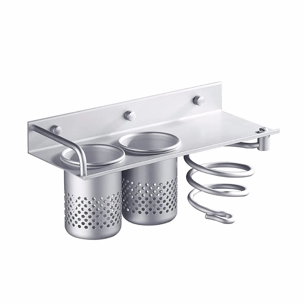 Space Aluminum Bathroom Shelf Set Wall Mount Hair Dryer Racks Stand with 2 Cups Storage Organizer | Обустройство дома