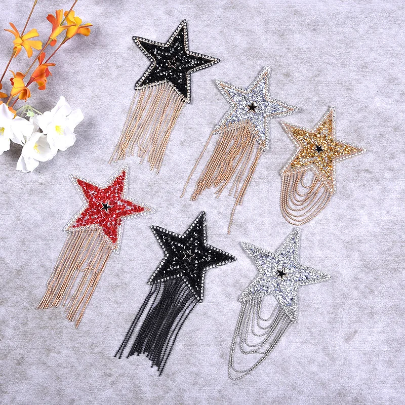 

6 Style Luxury Crystal Rhinestone Star Tassel Badge Patches for Clothing Iron on Clothes Jacket T Shirt Appliques Stripe Sticker