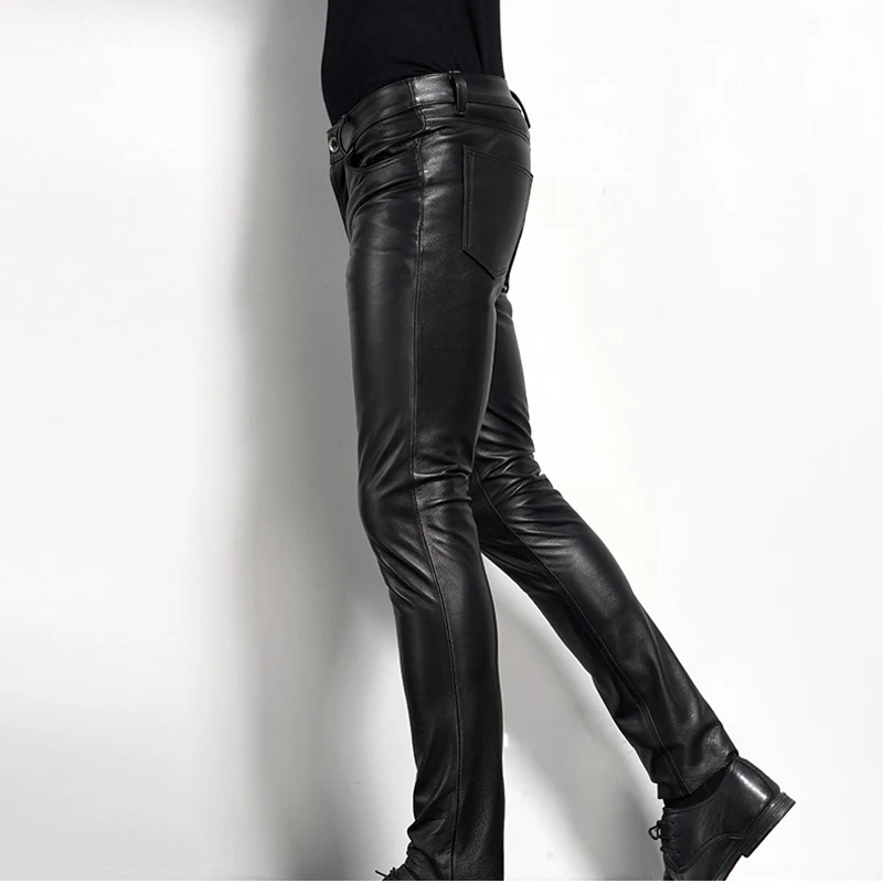 Кожаные Байкерские брюки для мужчин облегающие готические гладкие Блестящие