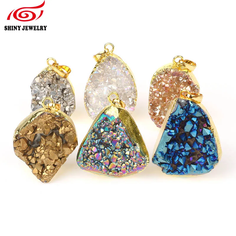 Необработанный Кристальный кварц Druzy Подвеска из гальванического золота