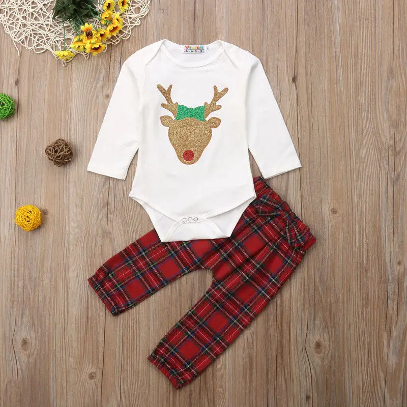 Christmas Newborn Baby Boys Girls Deer Print Clothes Sets Long Sleeve Cartoon White Romper Tops+Plaid Red Pants | Детская одежда и