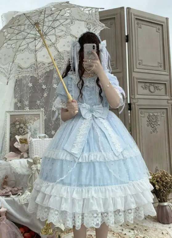 

Summer blue lolita dress vintage lace bowknot o-neck kawaii dress high waist victorian dress gothic lolita op loli cosplay new