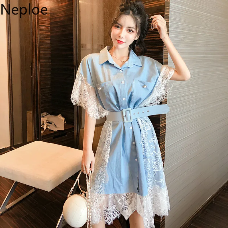 Neploe/кружевное лоскутное джинсовое платье Лето 2019 с отложным воротником