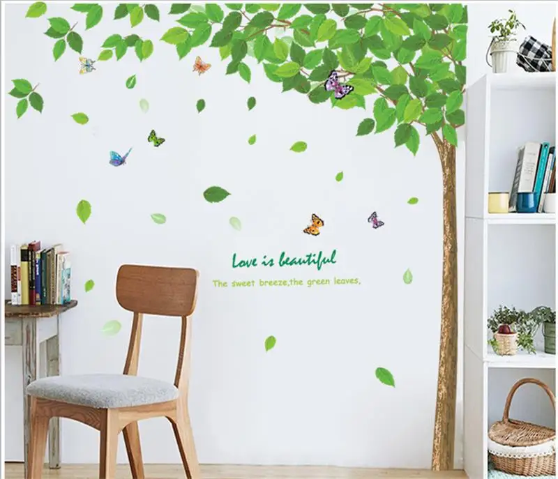 % Зеленые листья искусство большое дерево бабочка наклейки на стену домашний