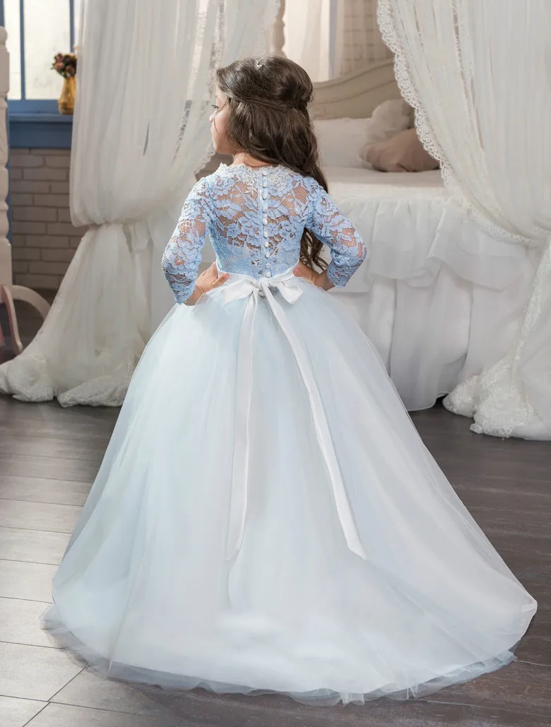 2017 Cute A-line Tulle Scoop Neck Long Sleeve Flower Girl Dresses Button up Kids Pageant Vestido de nina las flores | Свадьбы и