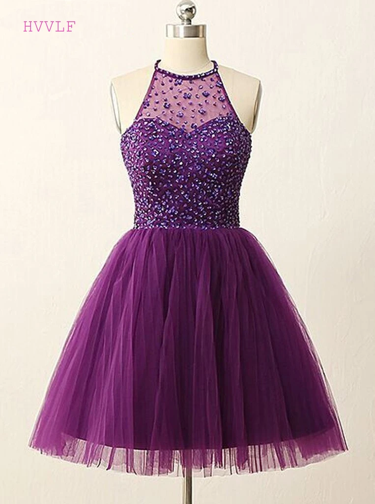 

Purple Homecoming Dresses A-line Halter Short Mini Tulle Beaded Backless Elegant Cocktail Dresses