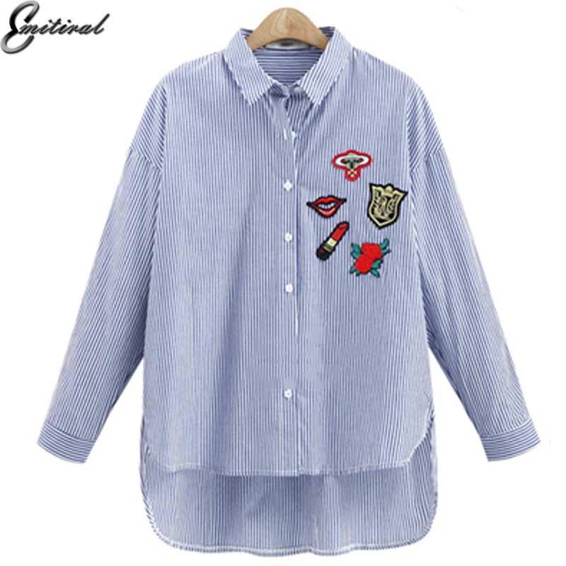 EMITIRAL 2017 осенние женские блузки полосатые строгие Цветочные губы элегантные 5XL с