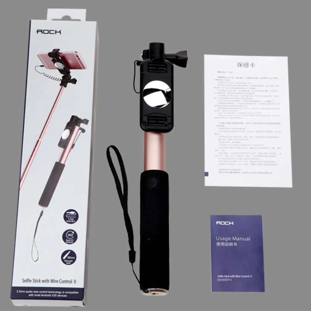 В продаже Rock Monopod 3,5 мм проводное управление универсальные мини селфи палки для iPhone/amsung/LG/huawei/Xiaomi IOS Android телефонов