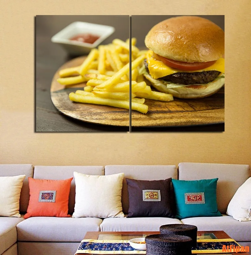 Картофель фри говядины burger быстрого Еда некадрированным роспись стены Книги по искусству принты современный дом стены Книги по искусству украшения печатных Плакаты