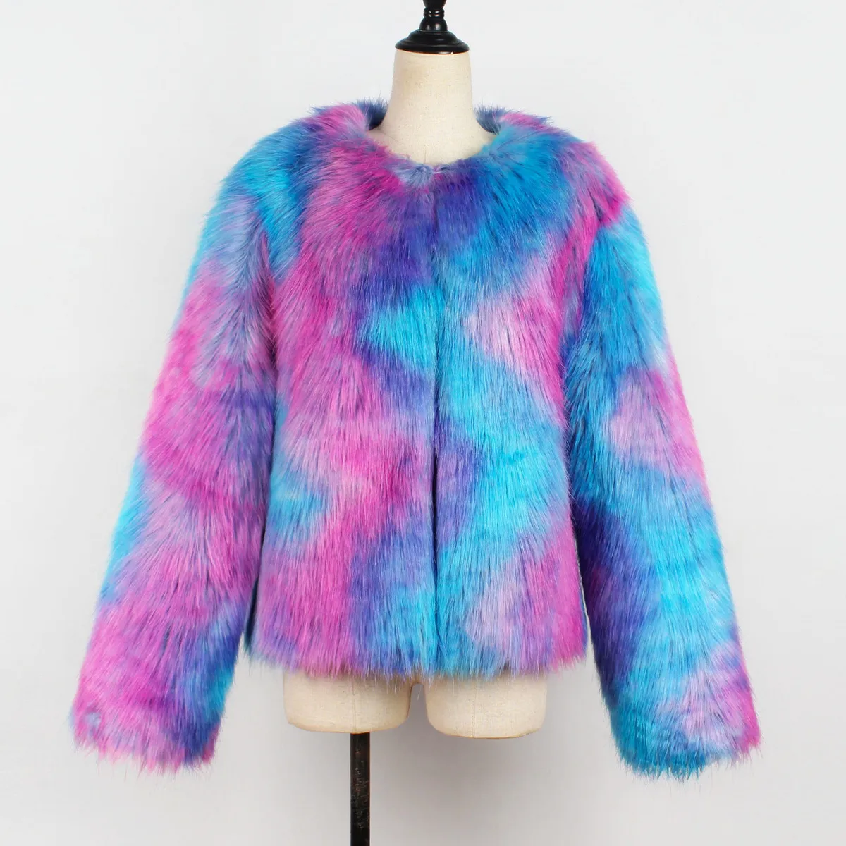 Blue Purple Mixing Faux Fur Coat Women Fluffy Warm Female Outerwear 2017 Winter Jacket Long Sleeve Hairy Overcoat F0009 | Женская одежда