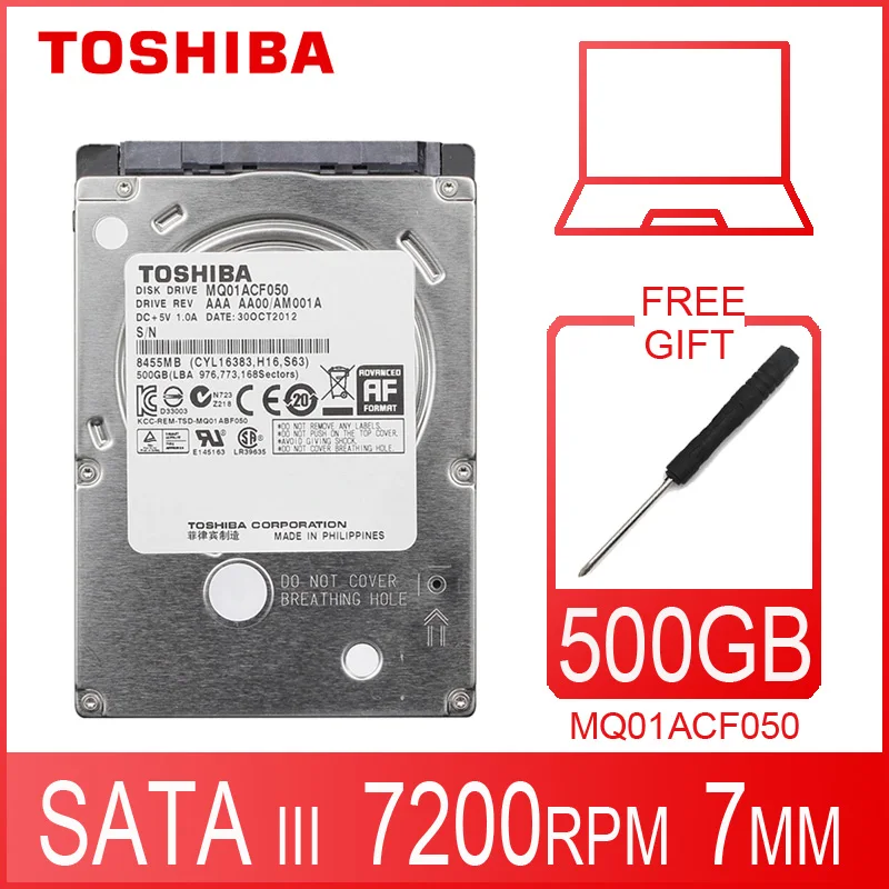 

TOSHIBA Laptop Hard Drive Disk 500GB 500G Original Internal Notebook HDD HD 2.5" 7200 RPM 16M Cache 7mm 6Gb/s SATA3 MQ01ACF050