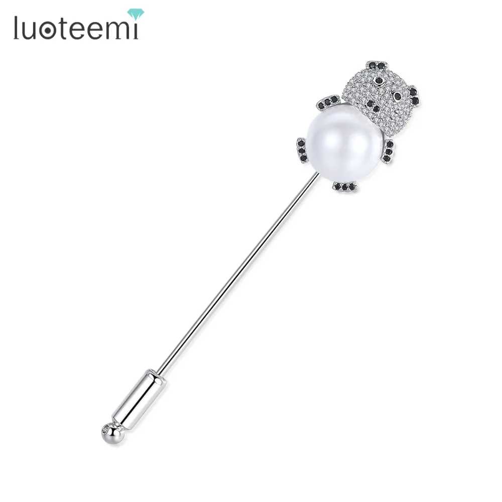 

LUOTEEMI New Korea Cute Bear Brooches For Women Girl Kid Simulated Pearl CZ Crystal Lapel Stick Pins Tie Clips Coat Accesories