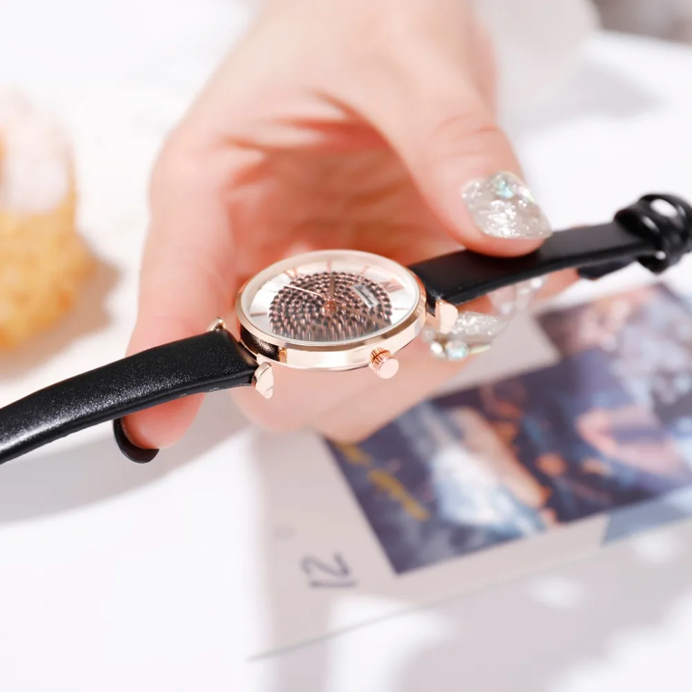 Женские кварцевые наручные часы с кожаным ремешком цвета розового