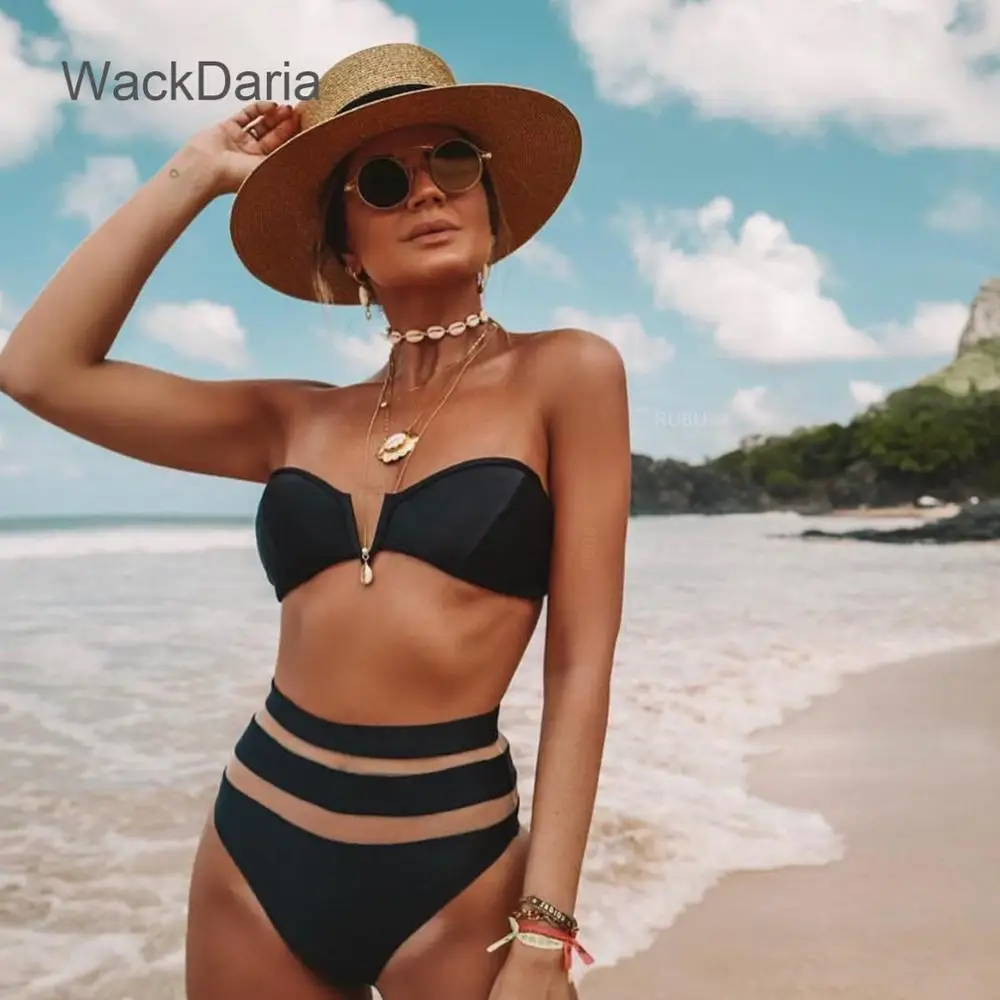 

Wackdaria 2019 swimwear women 2 pieces black white color v-neck mesh patchwork sexy bikini set swimsuit hot summer купальник