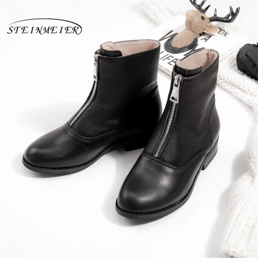 Женские ботинки на плоской подошве с молнией короткие черные осенние ботильоны