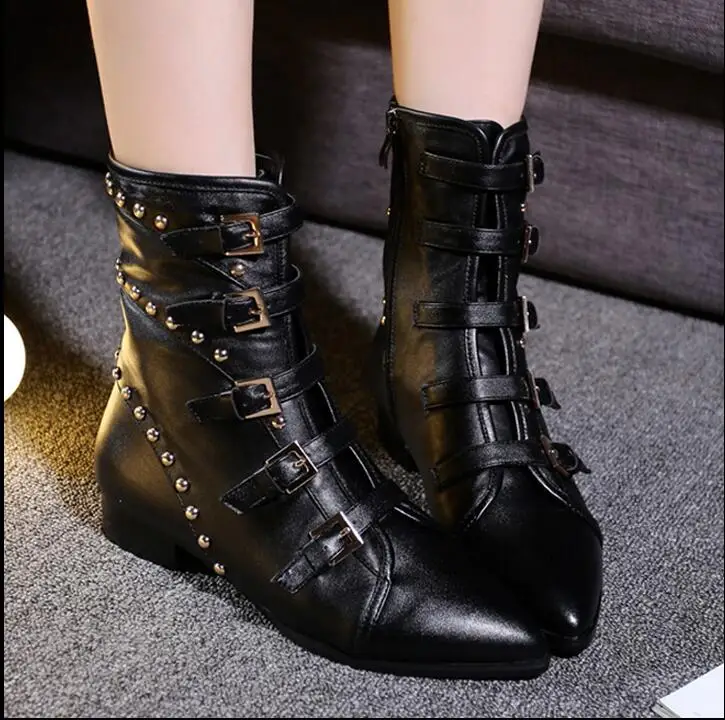 

retro style pointed toe thick low-heeled leather boots belt buckle rivet tassel boots fashion side zipper boots