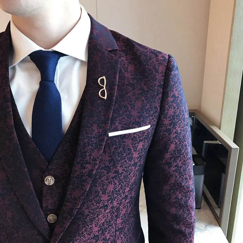 Цвет красного вина жаккард 3 шт костюм для свадьбы мужской жениха выпускного
