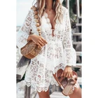 Женский пляжный сарафан в стиле бохо, летнее, праздничное, Сетчатое, с цветочным принтом, с длинным рукавом, цвет белый, платье-туника