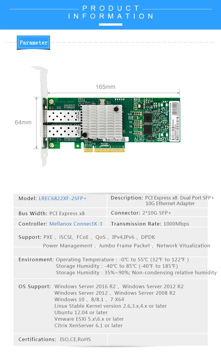 LR-LINK 6822XF-SFP+ двойной порт 10 Гб Ethernet волоконно-оптическая сетевая карта PCI-E серверный адаптер контроллер Mellanox ConnectX-3 NIC