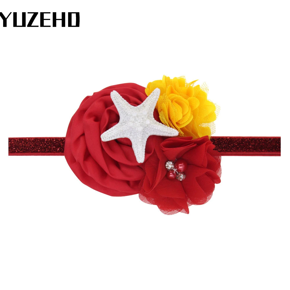 

18pcs Starfish Mermaid Headband Girls Shabby Chiffon Flower Glitter Elastic Hairband Kids Satin Rose Flowers Hair Accessoress