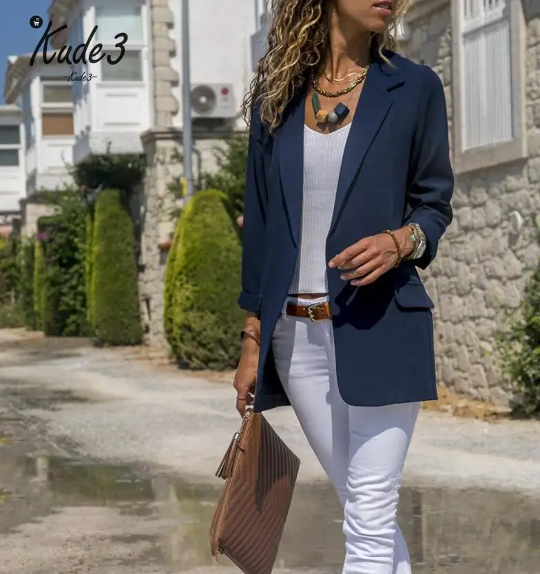 Тонкий Блейзер женский осенний костюм пиджак Женский офисный черный без пуговиц