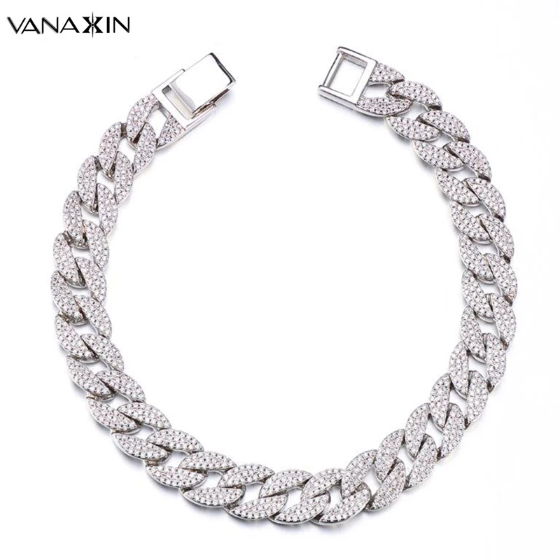 

VANAXIN Mens Bracelet Hiphop Iced Out Cuba Chain Silver Color Micro Paved CZ Clear Rhinestones High Quality 9'' Bracelet Jewelry